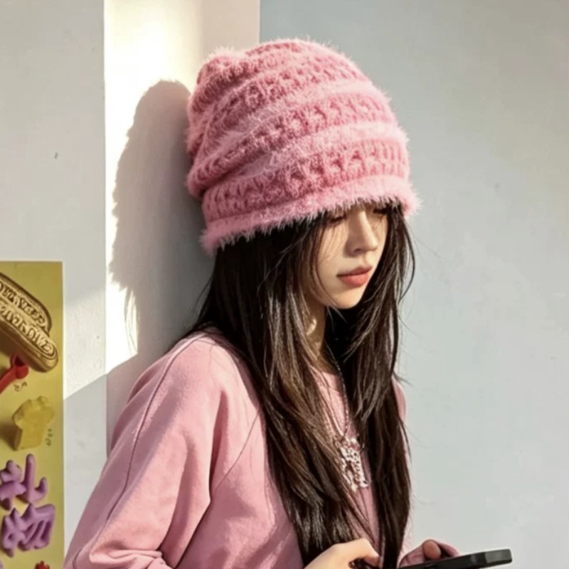 Beanie Cuffed Knit - หมวกบีนนี่ถักขนฟูสีสันสดใสสไตล์เกาหลีใหม่สำหรับผู้หญิง ฤดูหนาว หวานละมุน สไตล์โดปามีน อเนกประสงค์ ให้ความอบอุ่น