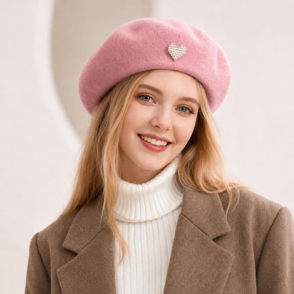 Beret French Wool - หมวกเบเร่ต์ขนสัตว์สำหรับฤดูหนาว ทรงหัวใจ สีพื้น สไตล์ศิลปินฝรั่งเศส ปรับขนาดได้ ดีไซน์หรูหรา