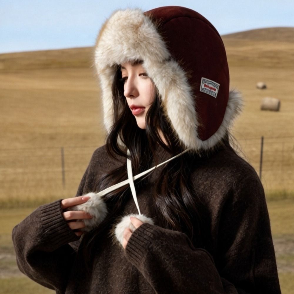 Trapper Hat Ear Flap - หมวกกันลมบุผ้าฟลีซโพลีเอสเตอร์ พร้อมพู่ตกแต่งและที่ปิดหู หมวกอูชันกา ขนาดรอบศีรษะ 56-58 ซม.
